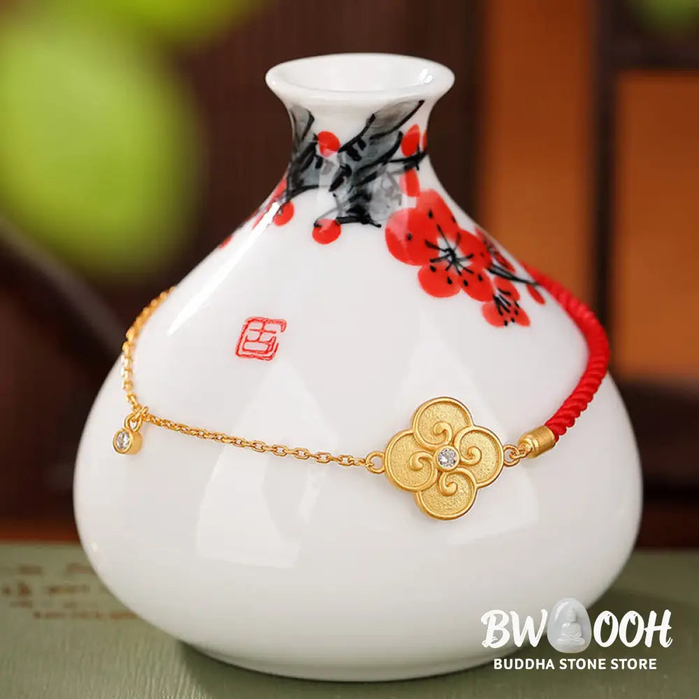 Buddha Stones 925 Sterling Silver Plated Gold Four Leaf Clover Zircon Luck Bracelet - BWOOOH - 22cm - Bracelet