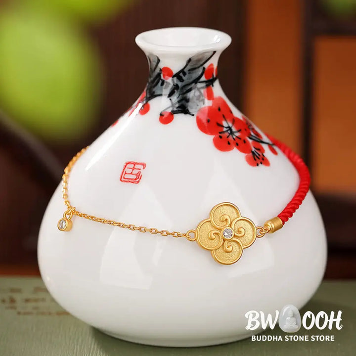 Buddha Stones 925 Sterling Silver Plated Gold Four Leaf Clover Zircon Luck Bracelet - BWOOOH - 22cm - Bracelet