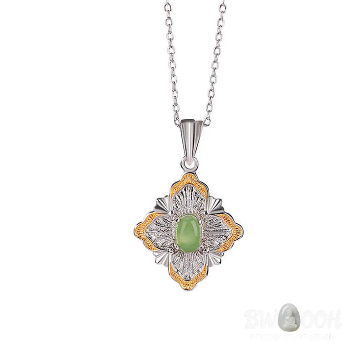 Buddha Stones 925 Sterling Silver Plated Gold Hetian Cyan Jade Rhombus Design Luck Healing Necklace Pendant - BWOOOH