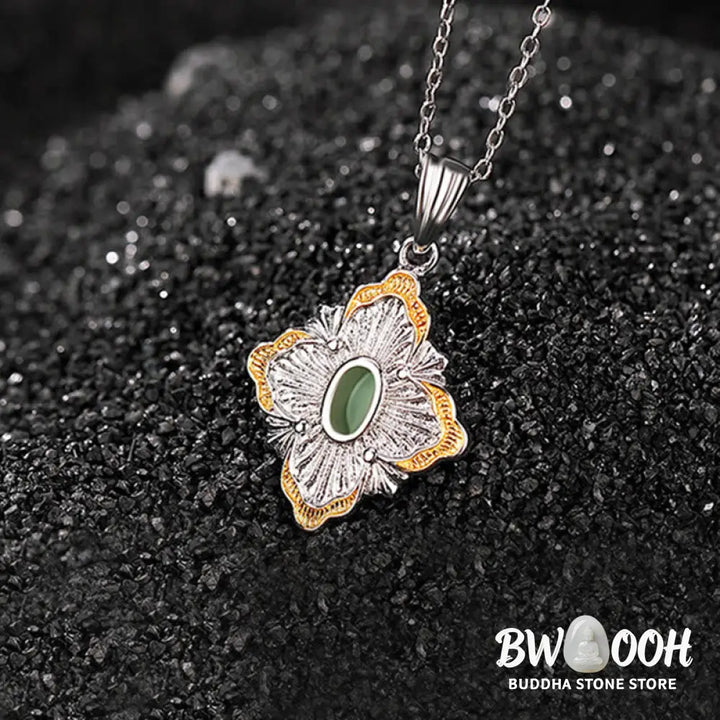 Buddha Stones 925 Sterling Silver Plated Gold Hetian Cyan Jade Rhombus Design Luck Healing Necklace Pendant - BWOOOH