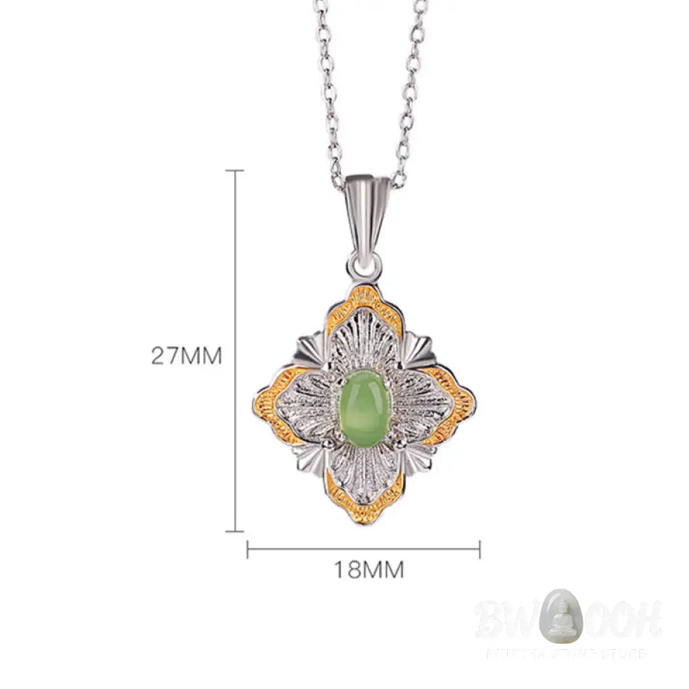 Buddha Stones 925 Sterling Silver Plated Gold Hetian Cyan Jade Rhombus Design Luck Healing Necklace Pendant - BWOOOH