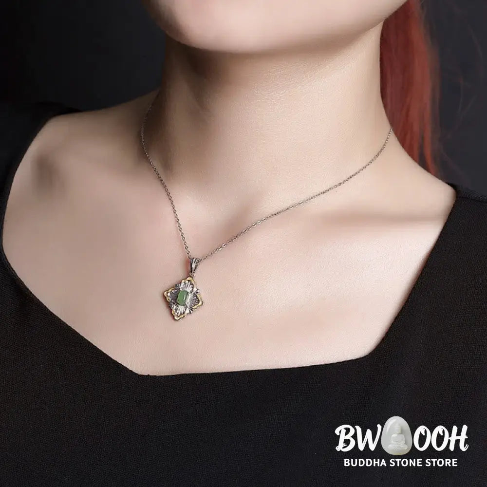 Buddha Stones 925 Sterling Silver Plated Gold Hetian Cyan Jade Rhombus Design Luck Healing Necklace Pendant - BWOOOH