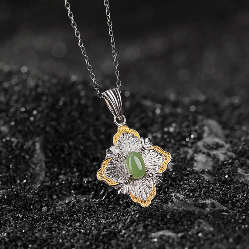 Buddha Stones 925 Sterling Silver Plated Gold Hetian Cyan Jade Rhombus Design Luck Healing Necklace Pendant - BWOOOH
