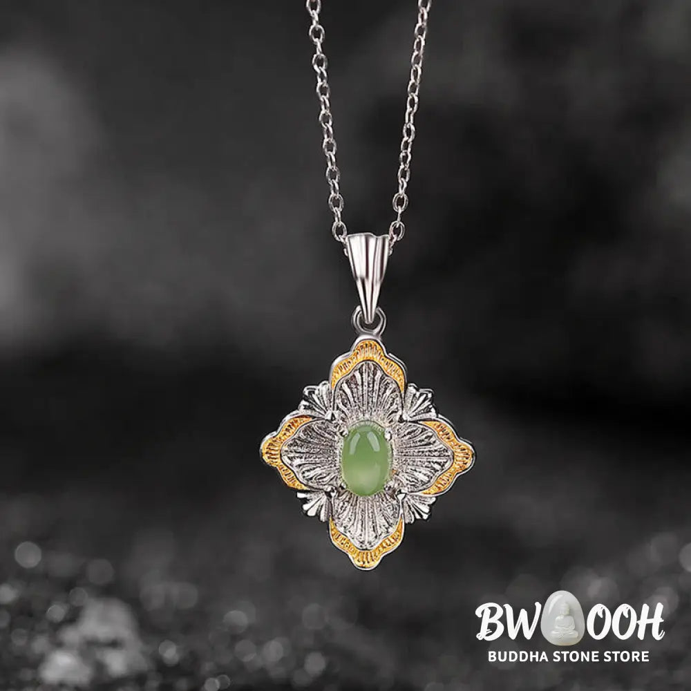 Buddha Stones 925 Sterling Silver Plated Gold Hetian Cyan Jade Rhombus Design Luck Healing Necklace Pendant - BWOOOH