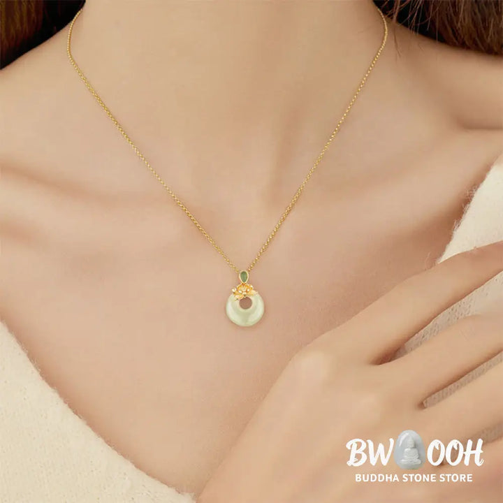 Buddha Stones 925 Sterling Silver Plated Gold Hetian Jade Lotus Luck Necklace Pendant - BWOOOH - 925 Sterling Silver &amp;