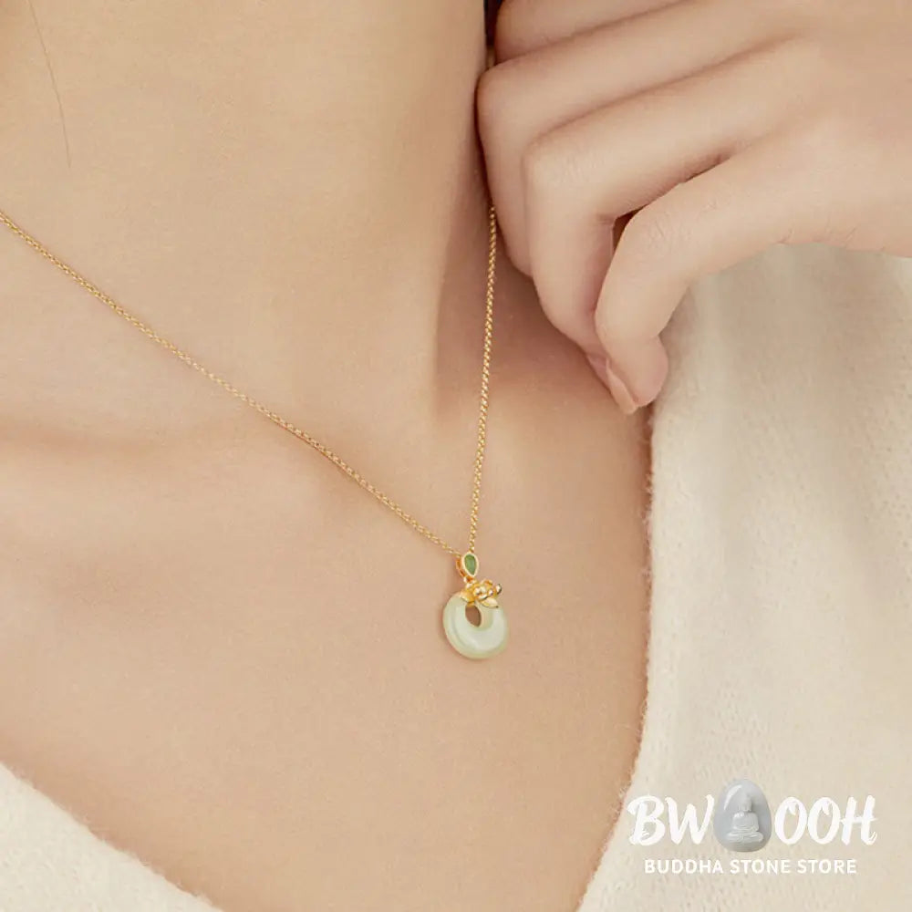 Buddha Stones 925 Sterling Silver Plated Gold Hetian Jade Lotus Luck Necklace Pendant - BWOOOH - 925 Sterling Silver &amp;