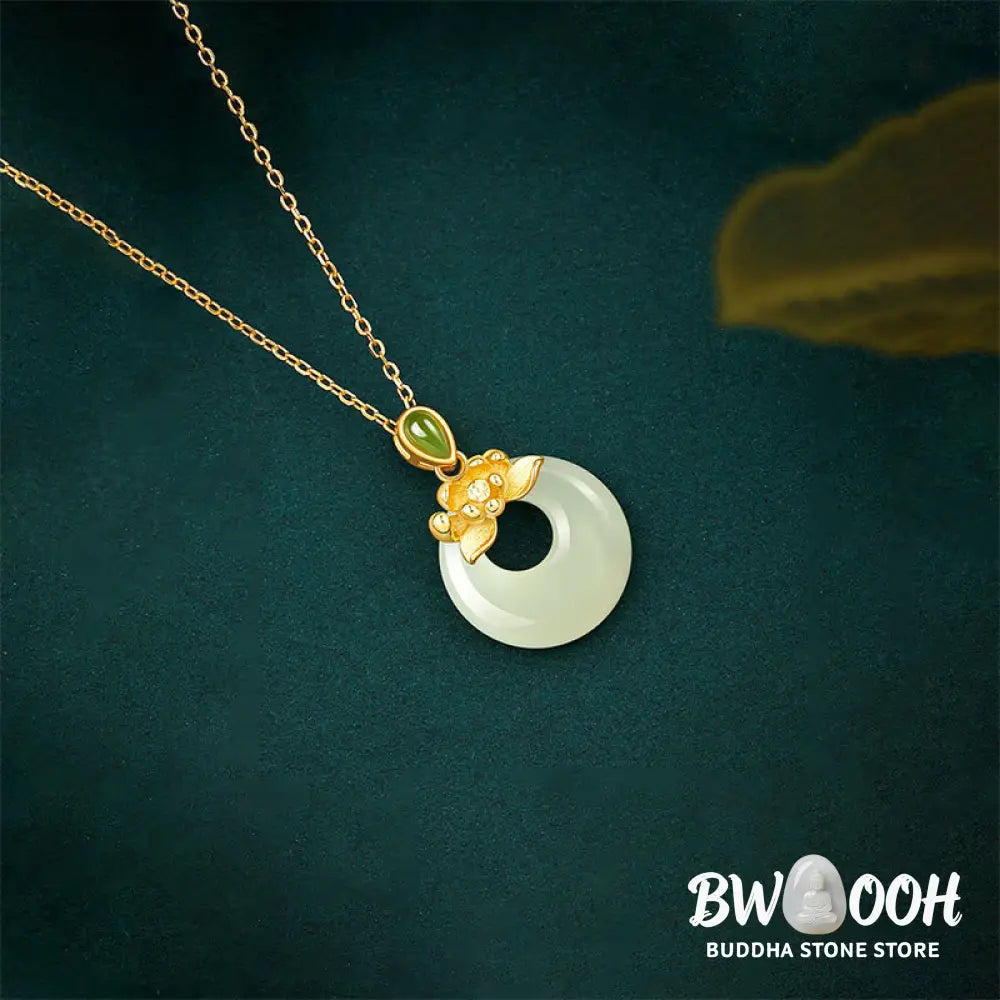Buddha Stones 925 Sterling Silver Plated Gold Hetian Jade Lotus Luck Necklace Pendant - BWOOOH - 925 Sterling Silver &