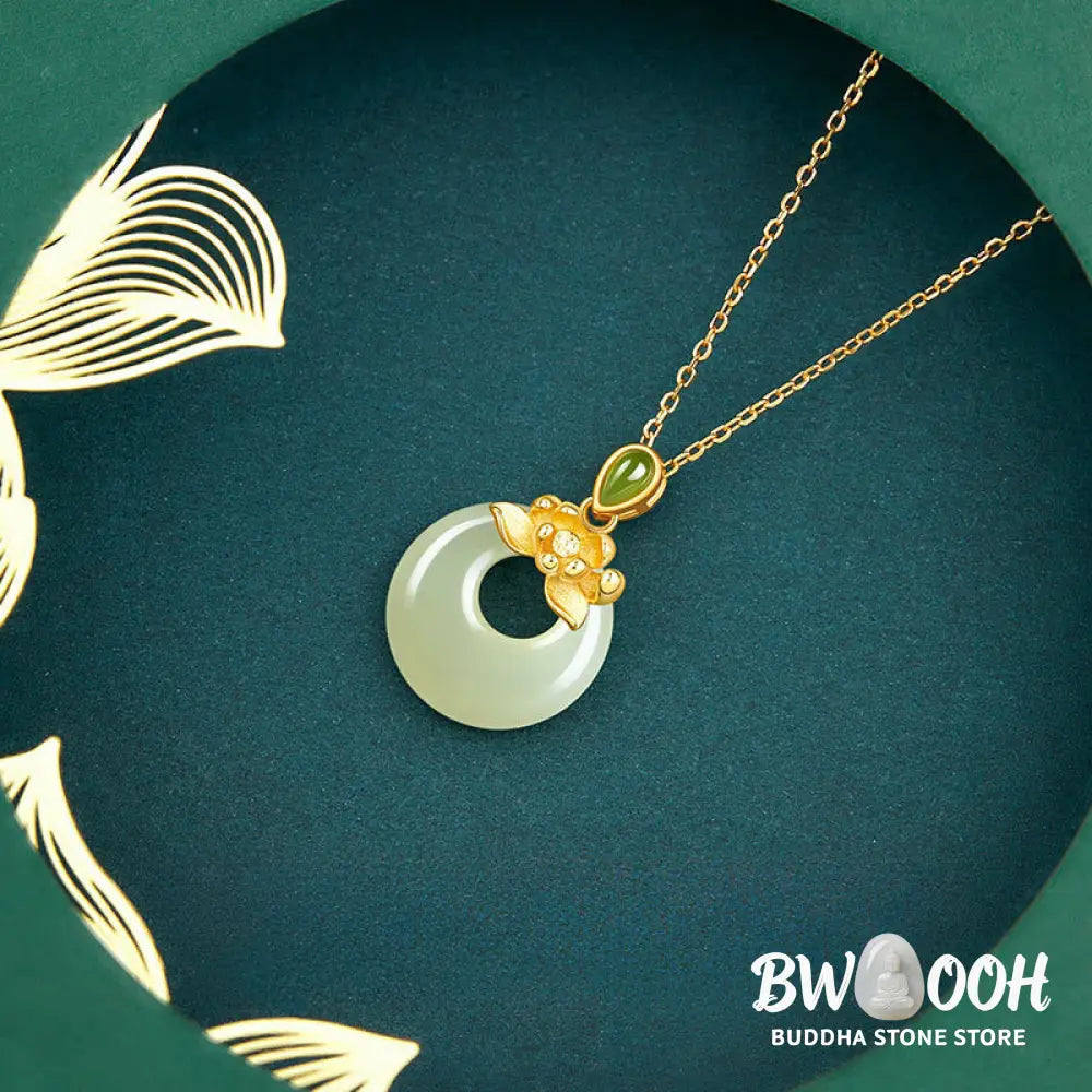 Buddha Stones 925 Sterling Silver Plated Gold Hetian Jade Lotus Luck Necklace Pendant - BWOOOH - 925 Sterling Silver &amp;