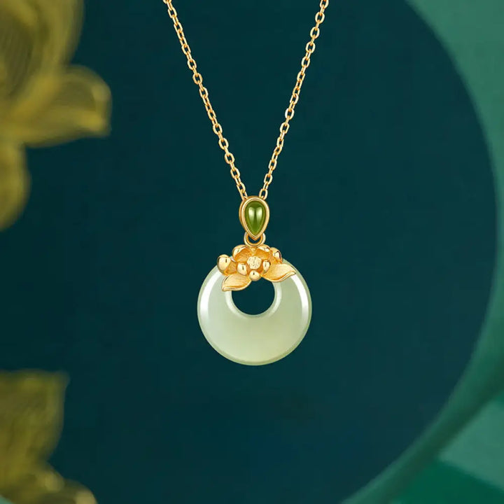 Buddha Stones 925 Sterling Silver Plated Gold Hetian Jade Lotus Luck Necklace Pendant - BWOOOH - 925 Sterling Silver &amp;