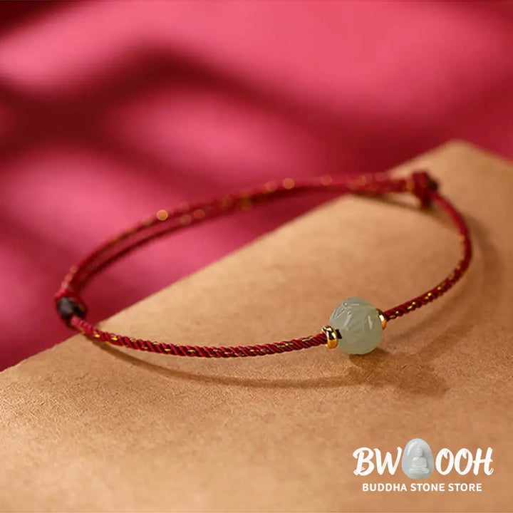 BWOOOH 925 Sterling Silver Plated Gold Hetian Jade Lotus Luck Red String Bracelet - Bracelet