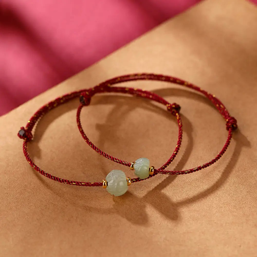 BWOOOH 925 Sterling Silver Plated Gold Hetian Jade Lotus Luck Red String Bracelet - Bracelet