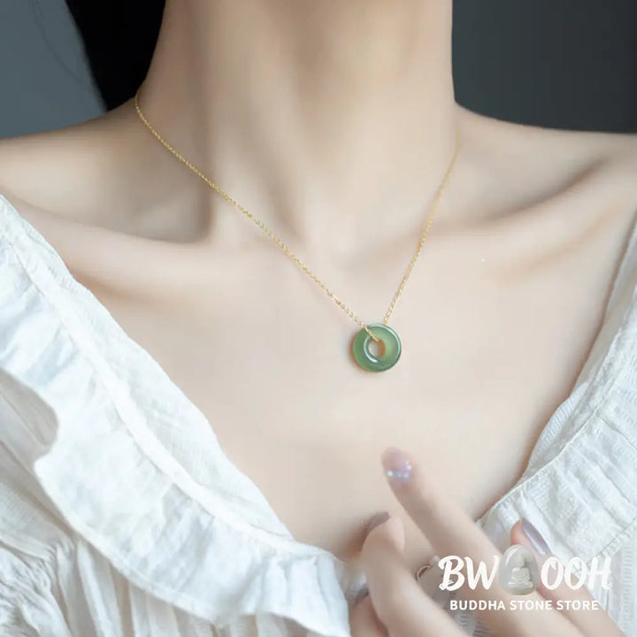 Buddha Stones 925 Sterling Silver Plated Gold Hetian Jade Peace Buckle Necklace Pendant - Jade Peace Buckle Silver