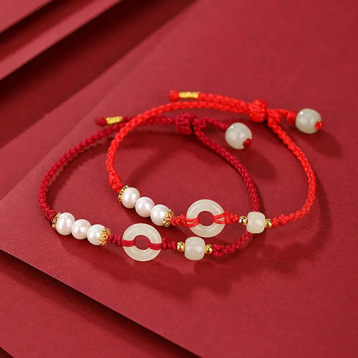 BWOOOH 925 Sterling Silver Plated Gold Hetian Jade Peace Buckle Pearl Luck Bracelet - BWOOOH - Bracelet