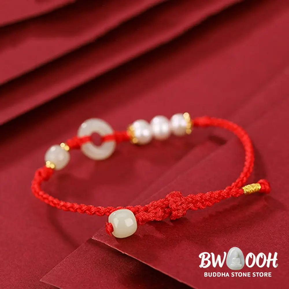 Buddha Stones 925 Sterling Silver Plated Gold Hetian Jade Peace Buckle Pearl Luck Bracelet - BWOOOH - Bracelet