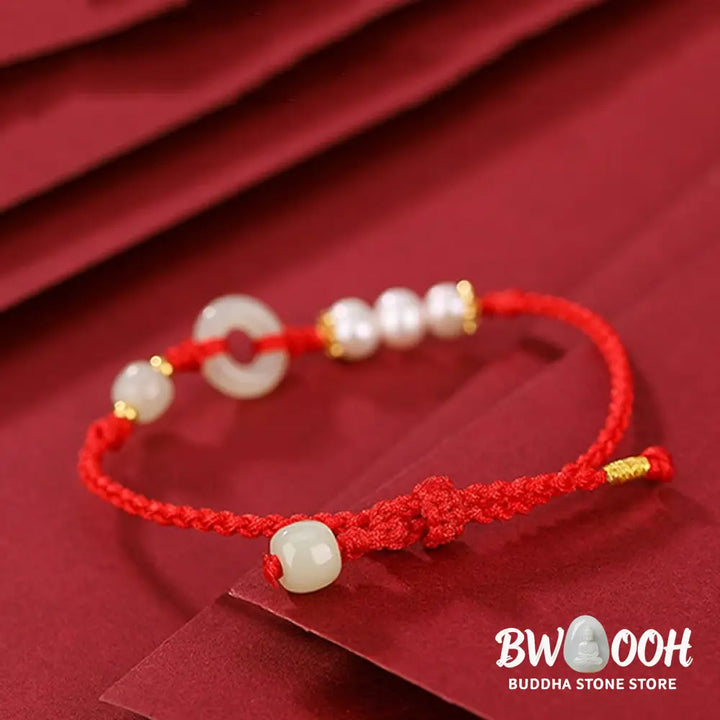 Buddha Stones 925 Sterling Silver Plated Gold Hetian Jade Peace Buckle Pearl Luck Bracelet - BWOOOH - Bracelet