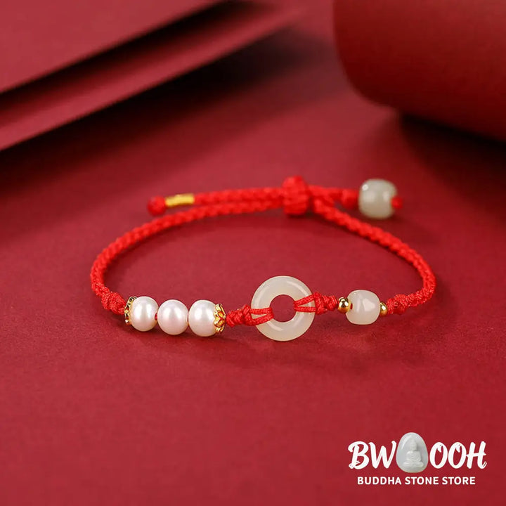 Buddha Stones 925 Sterling Silver Plated Gold Hetian Jade Peace Buckle Pearl Luck Bracelet - BWOOOH - Bracelet