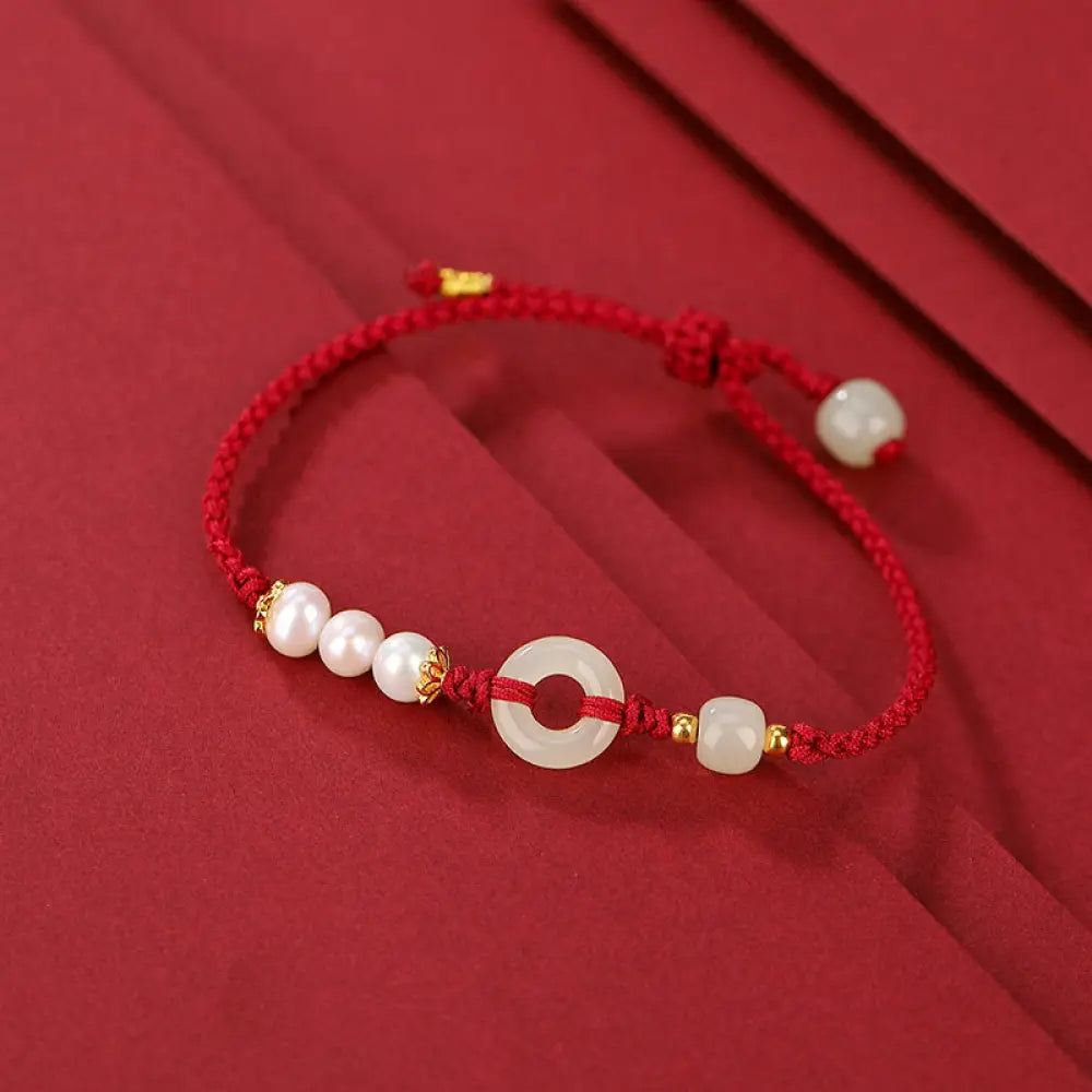 Buddha Stones 925 Sterling Silver Plated Gold Hetian Jade Peace Buckle Pearl Luck Bracelet - BWOOOH - Dark Red