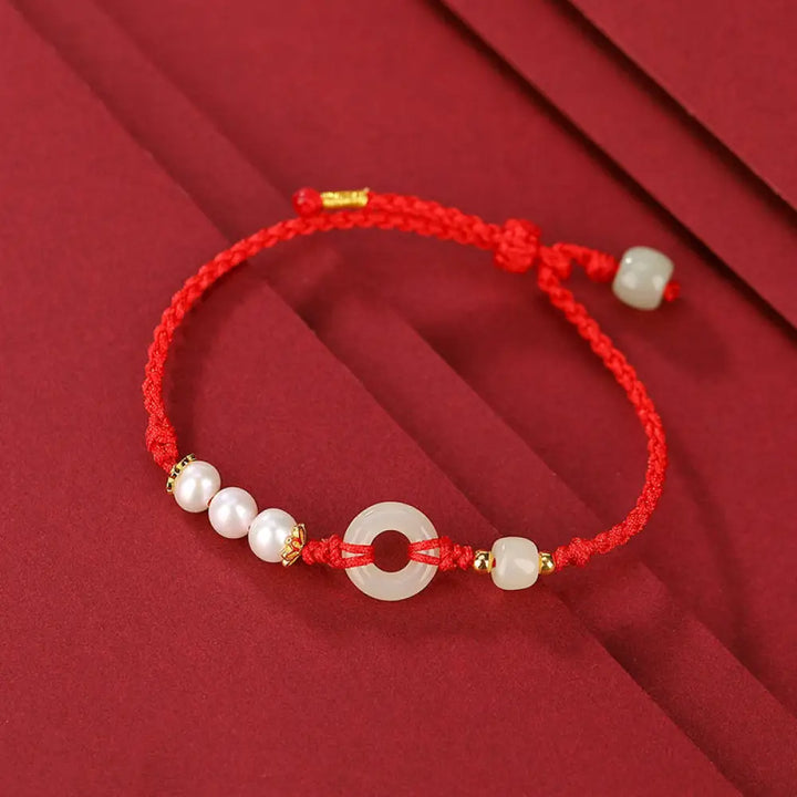 Buddha Stones 925 Sterling Silver Plated Gold Hetian Jade Peace Buckle Pearl Luck Bracelet - BWOOOH - Red Rope(Wrist