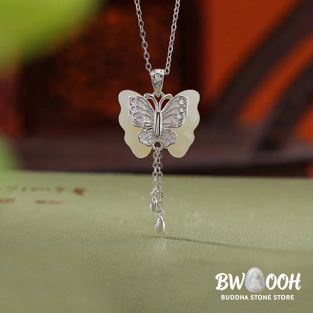 Buddha Stones 925 Sterling Silver Plated Gold Hetian White Jade Butterfly Blessing Necklace Pendant - BWOOOH