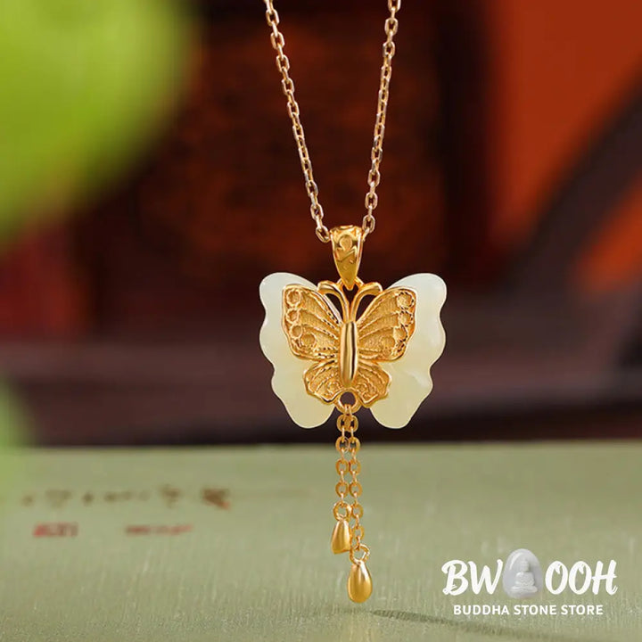 Buddha Stones 925 Sterling Silver Plated Gold Hetian White Jade Butterfly Blessing Necklace Pendant - BWOOOH