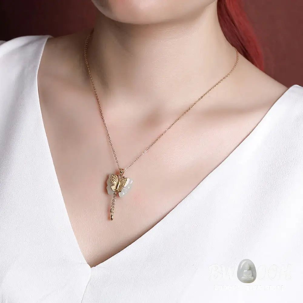 Buddha Stones 925 Sterling Silver Plated Gold Hetian White Jade Butterfly Blessing Necklace Pendant - BWOOOH