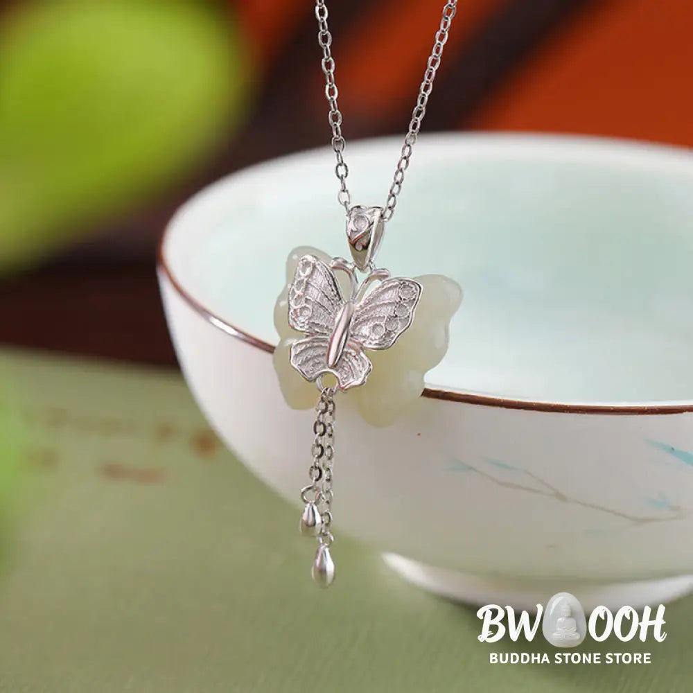 Buddha Stones 925 Sterling Silver Plated Gold Hetian White Jade Butterfly Blessing Necklace Pendant - BWOOOH