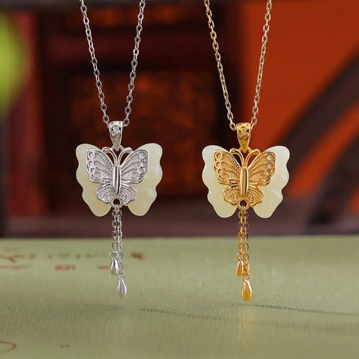 BWOOOH 925 sterling silver gold plated Hetian white jade butterfly blessing necklace pendant