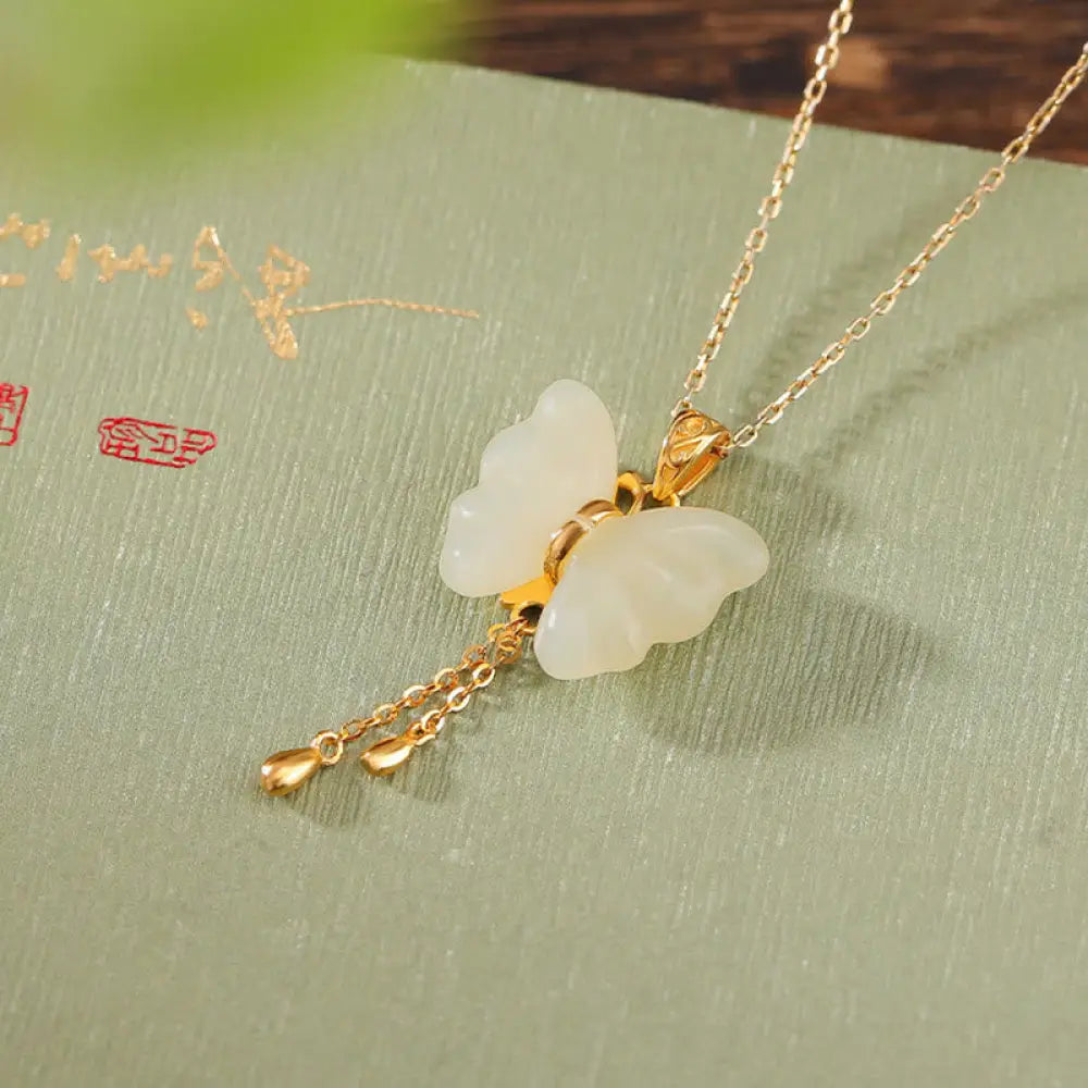 Buddha Stones 925 Sterling Silver Plated Gold Hetian White Jade Butterfly Blessing Necklace Pendant - BWOOOH - Gold