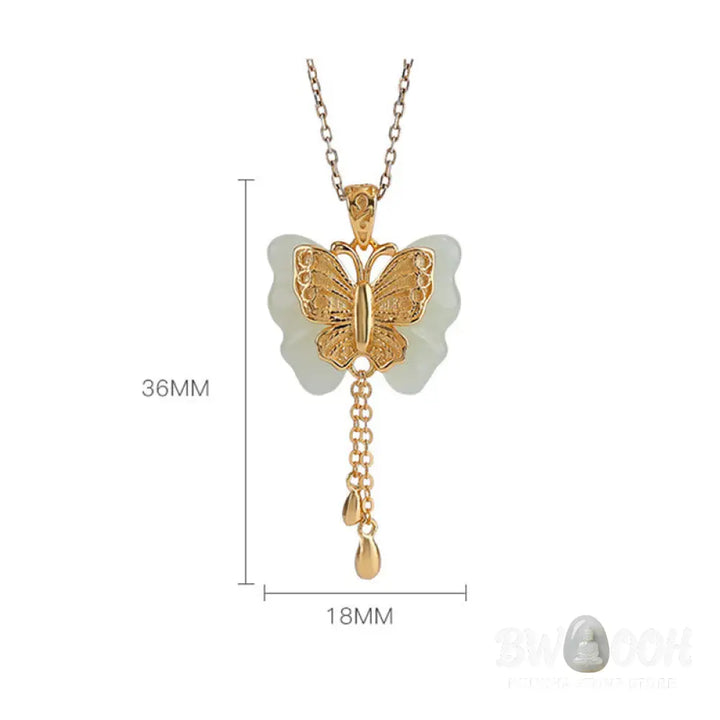 Buddha Stones 925 Sterling Silver Plated Gold Hetian White Jade Butterfly Blessing Necklace Pendant - BWOOOH