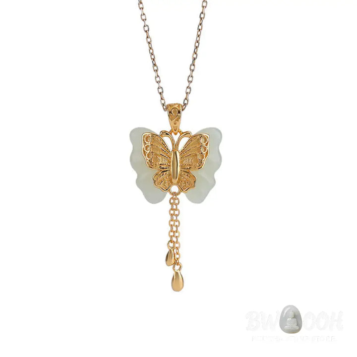Buddha Stones 925 Sterling Silver Plated Gold Hetian White Jade Butterfly Blessing Necklace Pendant - BWOOOH