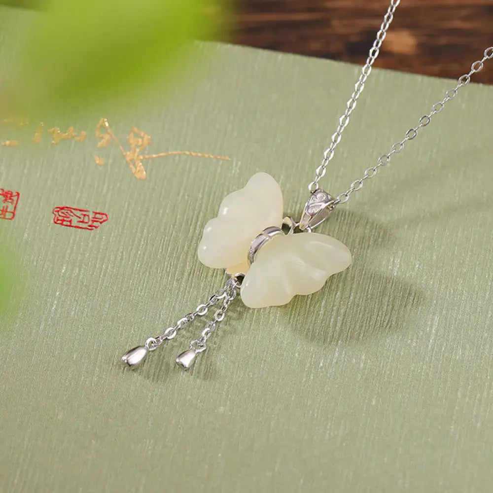 Buddha Stones 925 Sterling Silver Plated Gold Hetian White Jade Butterfly Blessing Necklace Pendant - BWOOOH - Silver