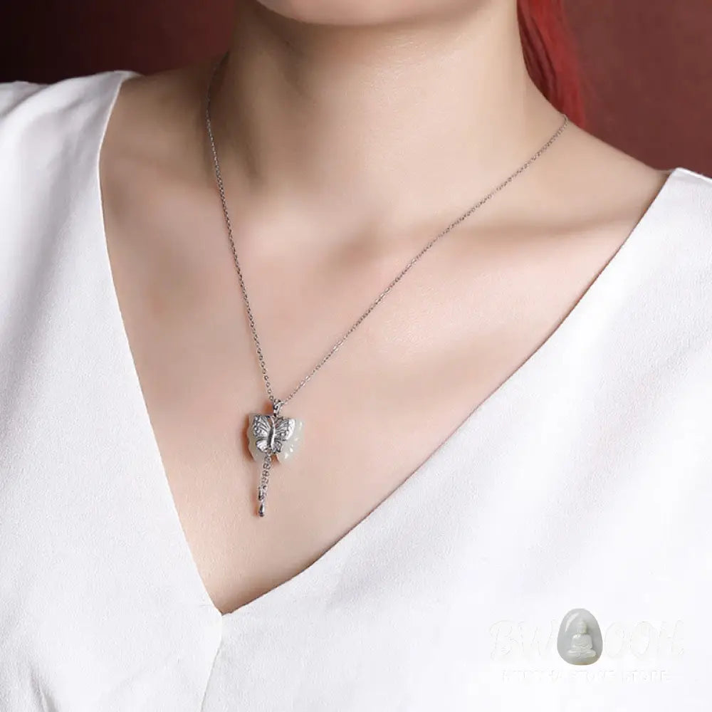 Buddha Stones 925 Sterling Silver Plated Gold Hetian White Jade Butterfly Blessing Necklace Pendant - BWOOOH