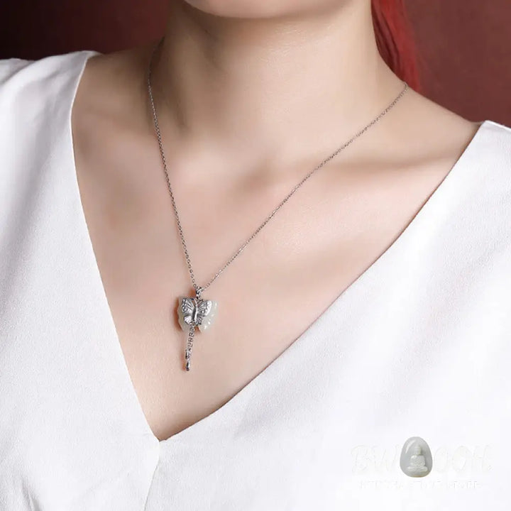 Buddha Stones 925 Sterling Silver Plated Gold Hetian White Jade Butterfly Blessing Necklace Pendant - BWOOOH