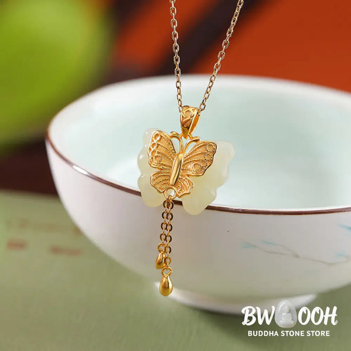 Buddha Stones 925 Sterling Silver Plated Gold Hetian White Jade Butterfly Blessing Necklace Pendant - BWOOOH