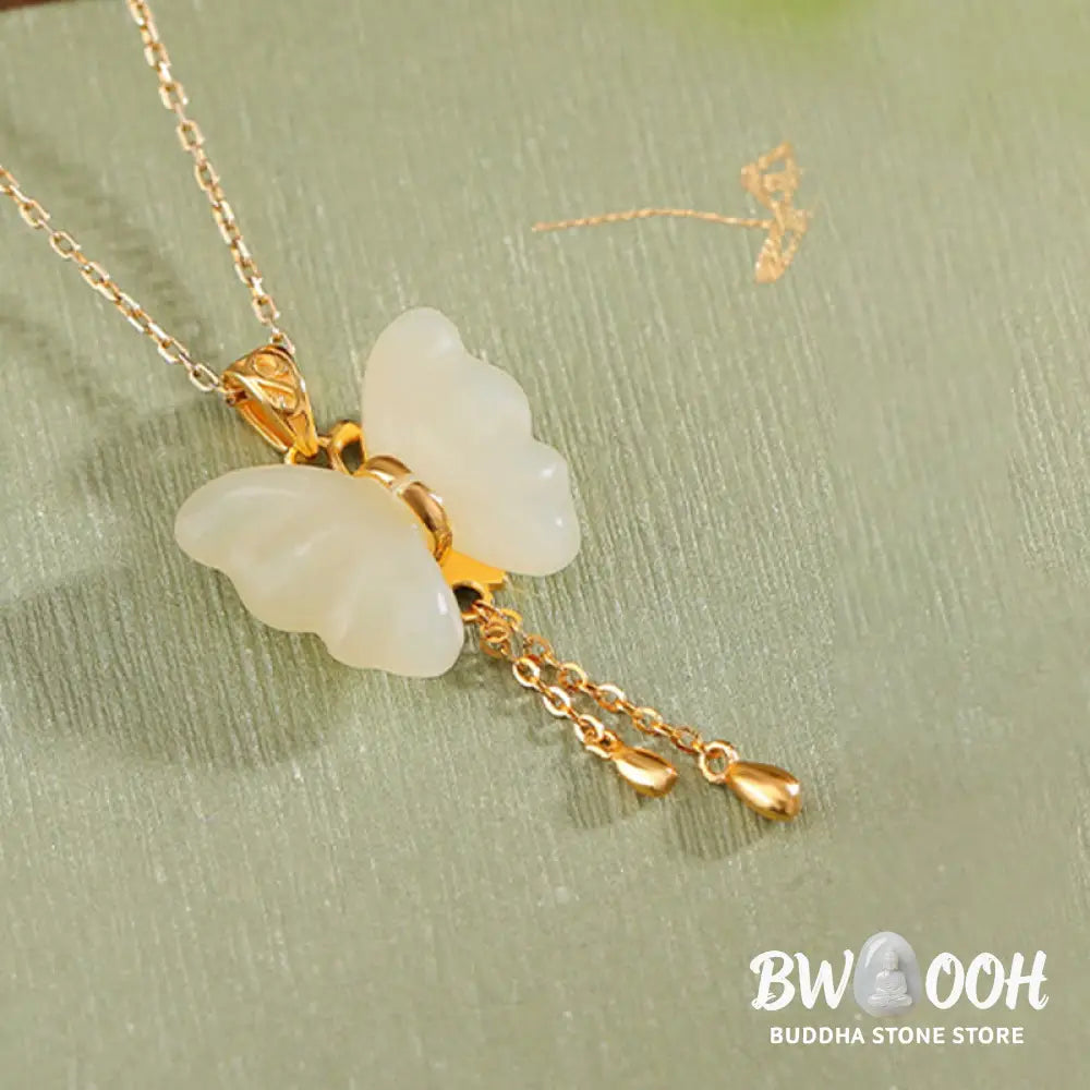 Buddha Stones 925 Sterling Silver Plated Gold Hetian White Jade Butterfly Blessing Necklace Pendant - BWOOOH