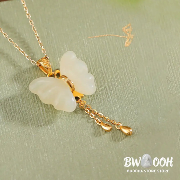 Buddha Stones 925 Sterling Silver Plated Gold Hetian White Jade Butterfly Blessing Necklace Pendant - BWOOOH