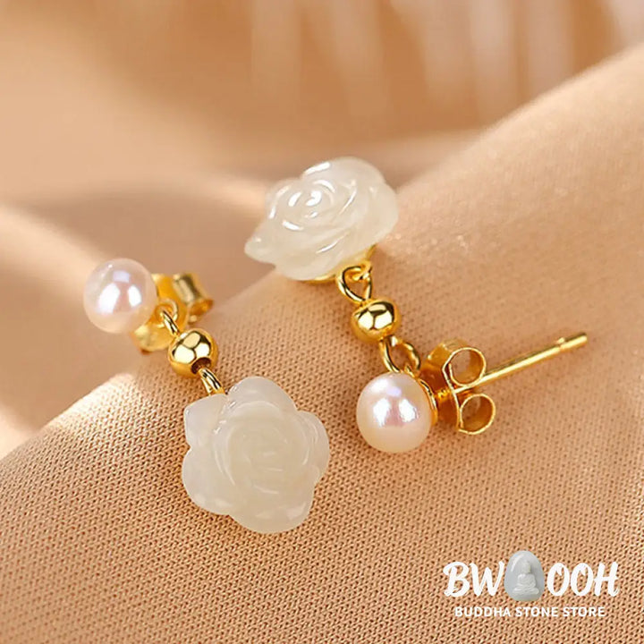Buddha Stones 925 Sterling Silver Plated Gold Jade Rose Flower Cyan Jade Pearl Luck Earrings - Earrings