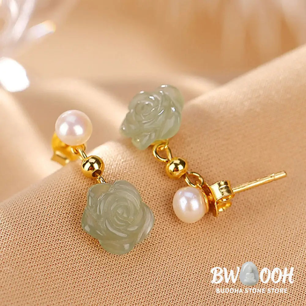 Buddha Stones 925 Sterling Silver Plated Gold Jade Rose Flower Cyan Jade Pearl Luck Earrings - Earrings