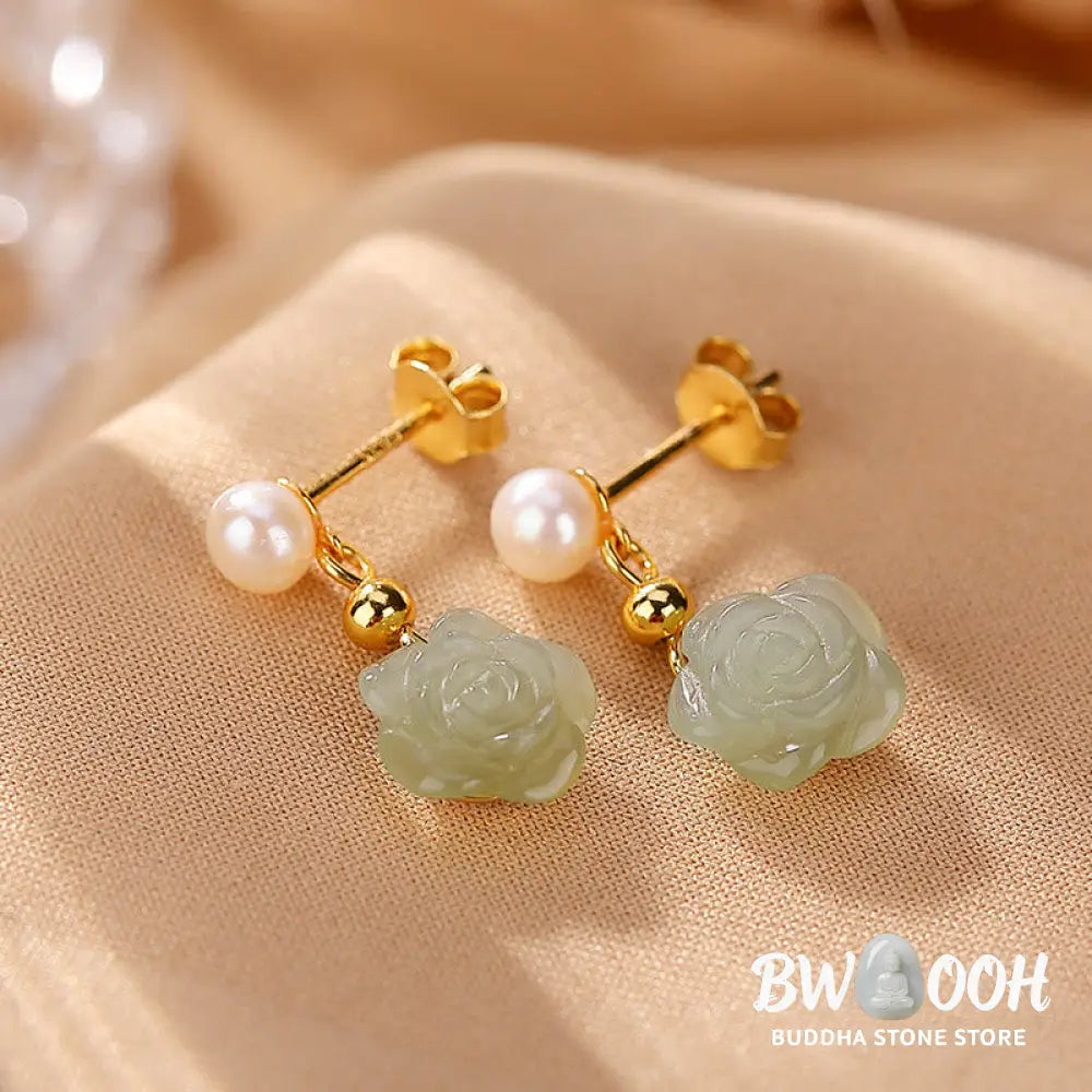 Buddha Stones 925 Sterling Silver Plated Gold Jade Rose Flower Cyan Jade Pearl Luck Earrings - Earrings