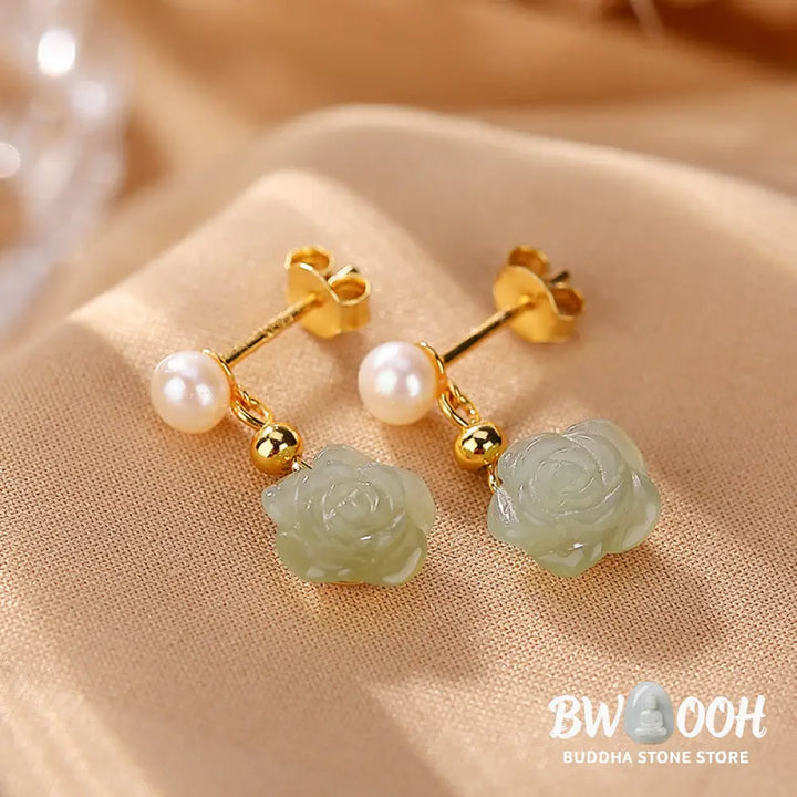 Buddha Stones 925 Sterling Silver Plated Gold Jade Rose Flower Cyan Jade Pearl Luck Earrings - Earrings