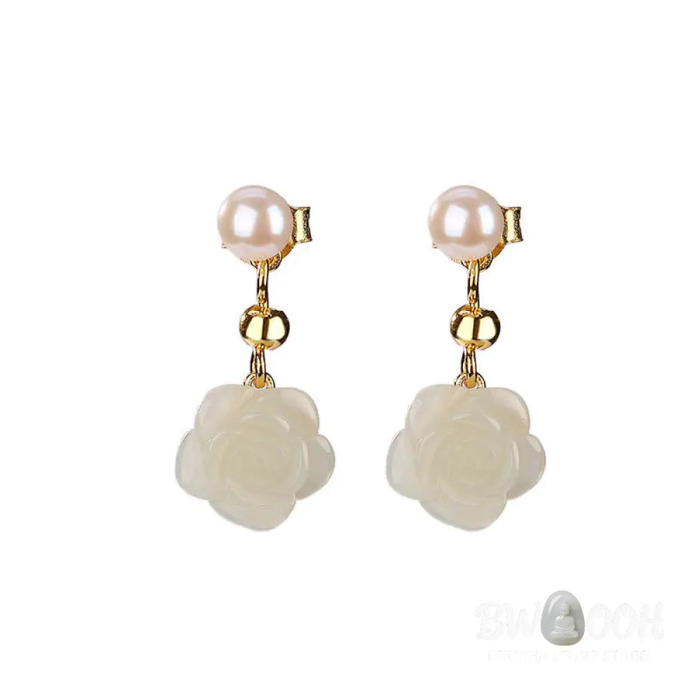 Buddha Stones 925 Sterling Silver Plated Gold Jade Rose Flower Cyan Jade Pearl Luck Earrings - Earrings