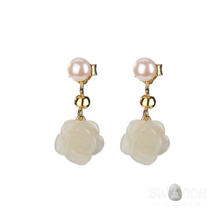 Buddha Stones 925 Sterling Silver Plated Gold Jade Rose Flower Cyan Jade Pearl Luck Earrings - Earrings