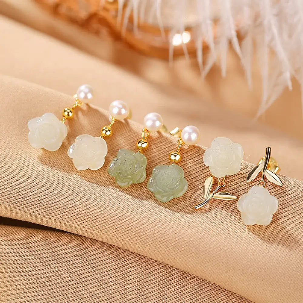 BWOOOH 925 Sterling Silver Plated Gold Jade Rose Flower Cyan Jade Pearl Luck Earrings — Sterling Silver jade bracelet for ...
