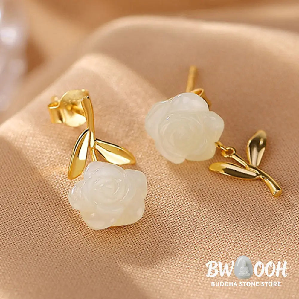 Buddha Stones 925 Sterling Silver Plated Gold Jade Rose Flower Cyan Jade Pearl Luck Earrings - Earrings