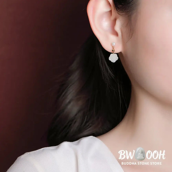 Buddha Stones 925 Sterling Silver Plated Gold Jade Rose Flower Cyan Jade Pearl Luck Earrings - Earrings