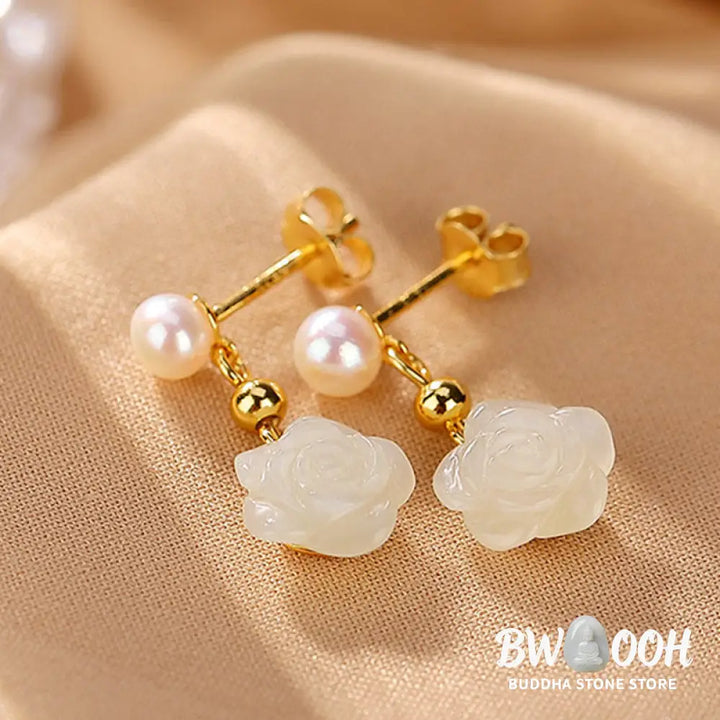 Buddha Stones 925 Sterling Silver Plated Gold Jade Rose Flower Cyan Jade Pearl Luck Earrings - Earrings