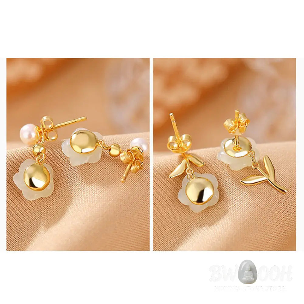 Buddha Stones 925 Sterling Silver Plated Gold Jade Rose Flower Cyan Jade Pearl Luck Earrings - Earrings