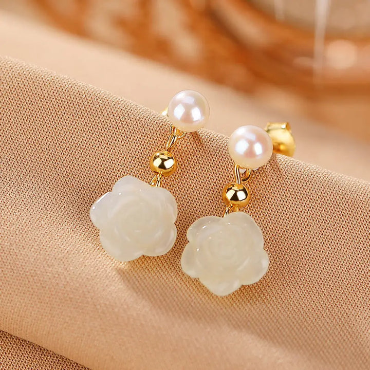 Buddha Stones 925 Sterling Silver Plated Gold Jade Rose Flower Cyan Jade Pearl Luck Earrings - Hetian Jade Pearl
