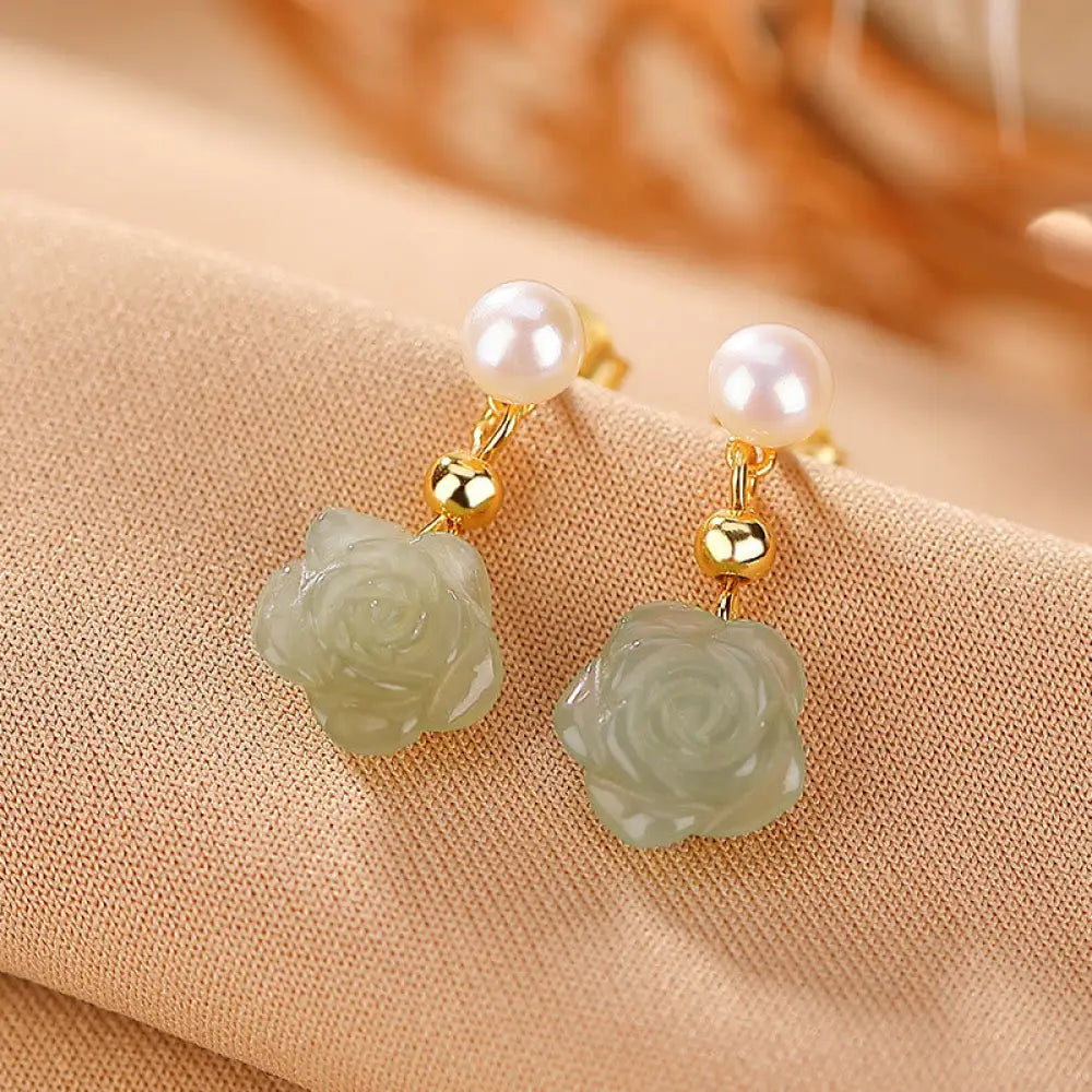 Buddha Stones 925 Sterling Silver Plated Gold Jade Rose Flower Cyan Jade Pearl Luck Earrings - Hetian Cyan Jade Pearl