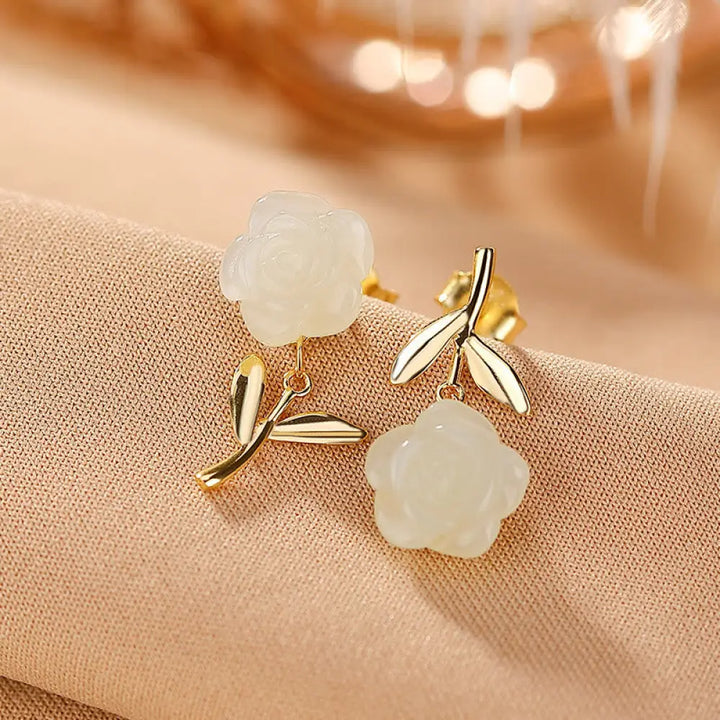Buddha Stones 925 Sterling Silver Plated Gold Jade Rose Flower Cyan Jade Pearl Luck Earrings - Hetian Jade Leaves